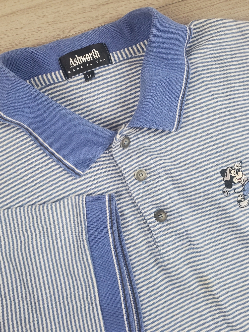 Vintage Ashworth Mickey Mouse Polo Shirt Men’s XL Blue Striped Made USA